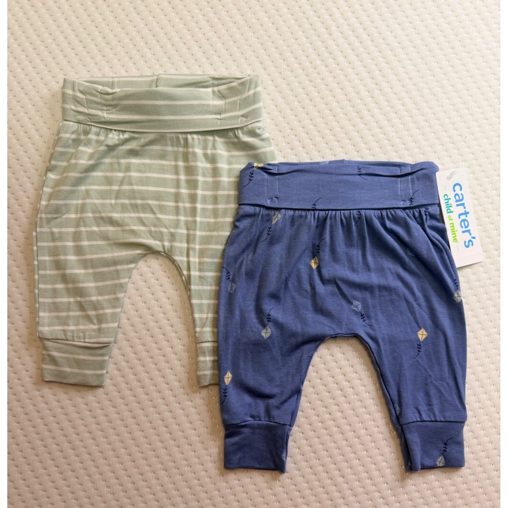 Carters Child of Mine Baby Pants 2 Pack 0-3 Months Blue Kite Green Stripe New
